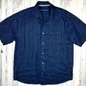 Tommy Bahama 100% Linen Short Sleeve Button Up Shirt Men's Medium Dark Blue EUC